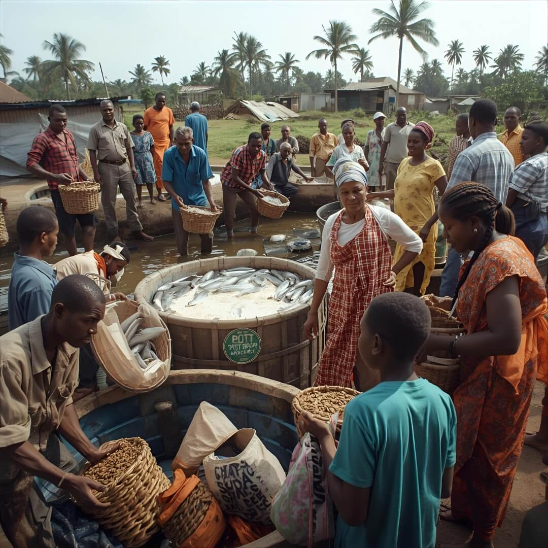 A group of diverse people working together happily at an outdoor community event.